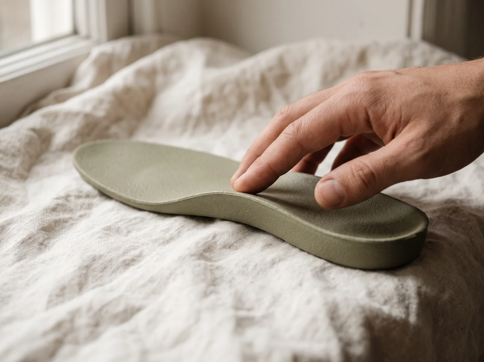 Fingers running along the low, wide arch of a moulded olive footbed lying on linen