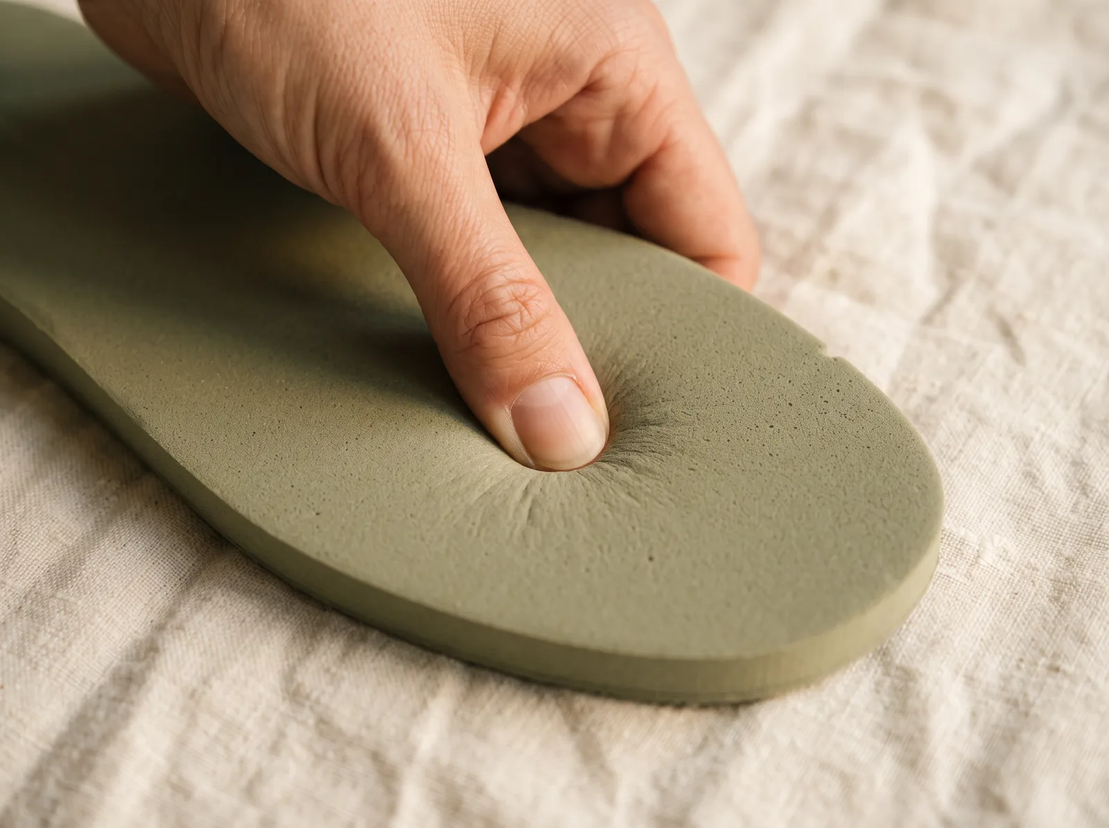A thumb pressing into a soft olive foam footbed, the foam dimpling around it