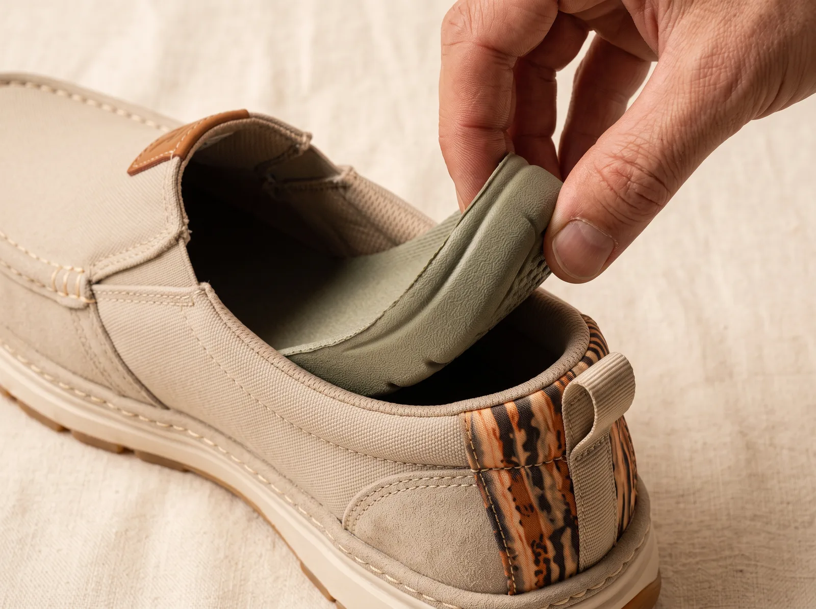A hand lifting a moulded olive footbed with a heel cup out of a stone canvas slip-on