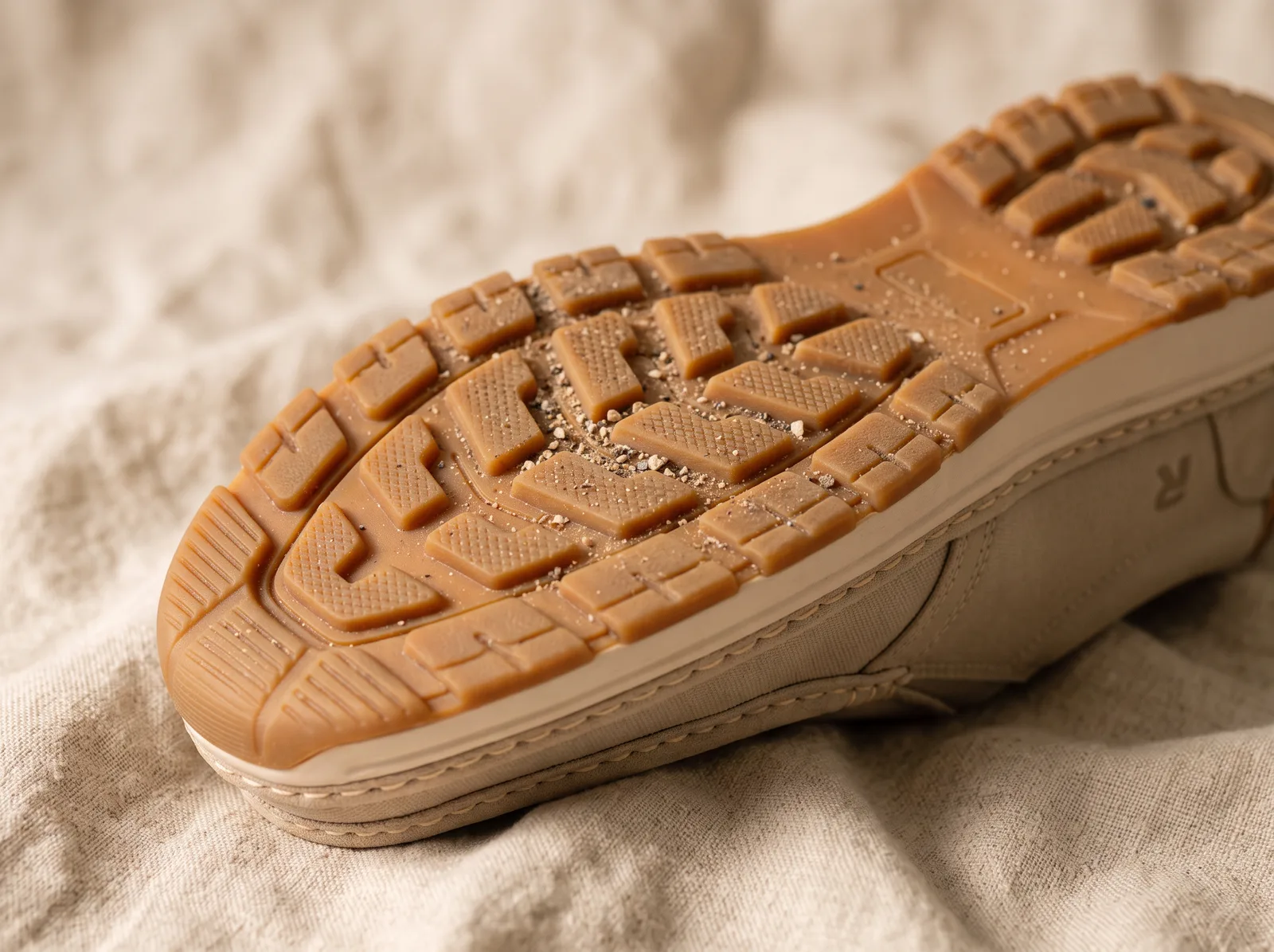 A slip-on turned upside down on linen, showing a honey-gum rubber outsole with deep lugs and a little fine gravel