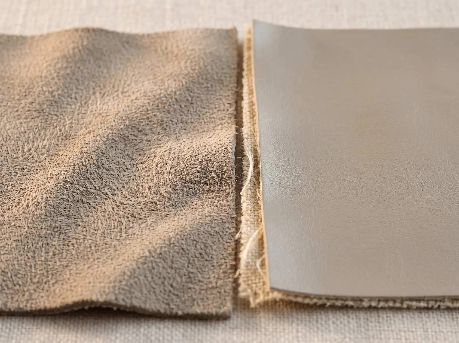 Two swatches side by side: brushed leather suede with a soft nap on the left, a smooth polyurethane coating on a fabric backing on the right