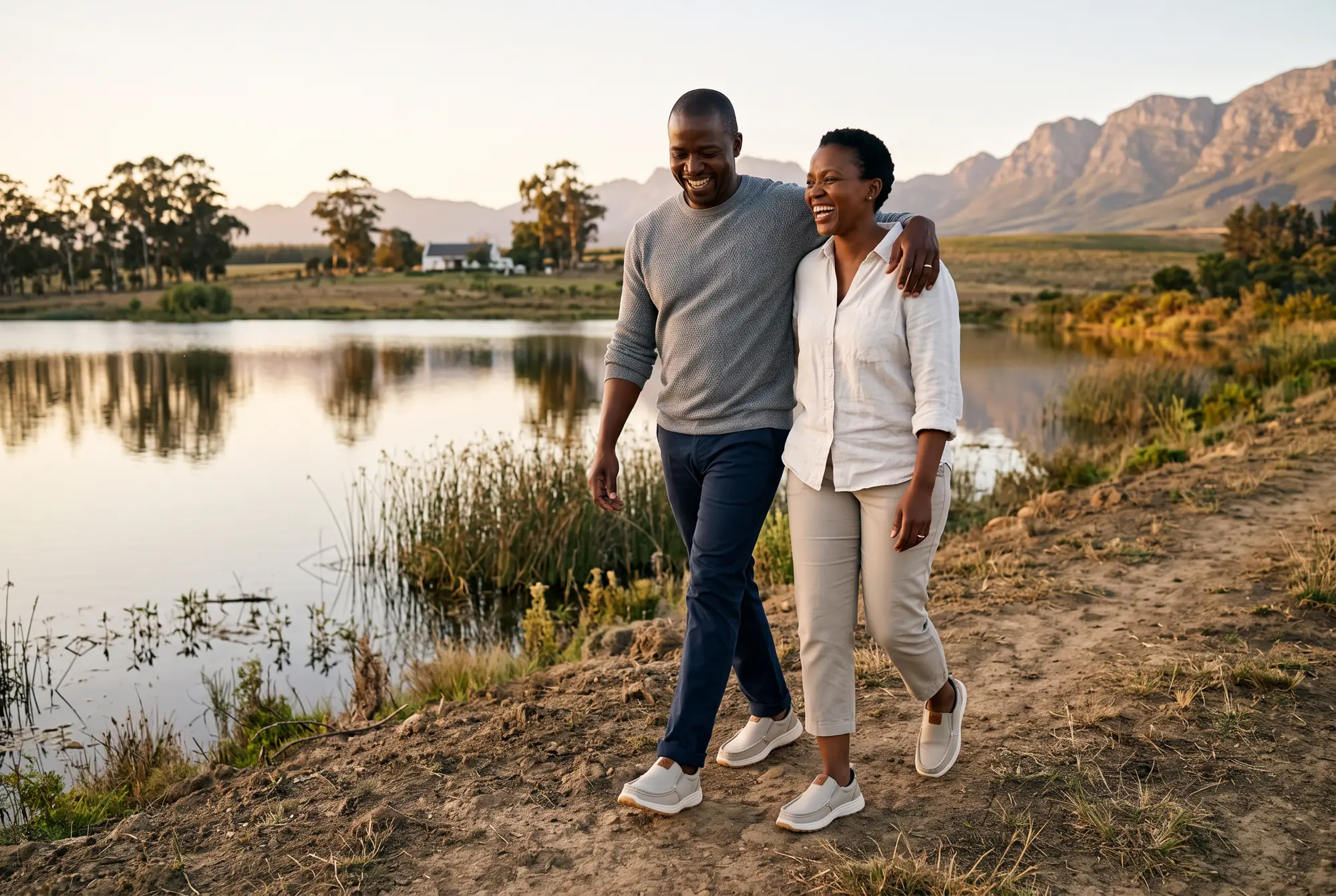 A laughing couple walks along a farm dam wall at golden hour below the mountains, both wearing stone slip-ons, his R01 and her R01W