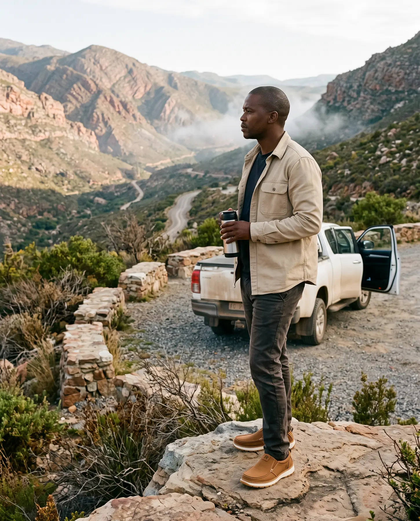 A man with a coffee flask stands on a rock at a stone lookout on the Swartberg Pass, his bakkie behind him, wearing tobacco R01s