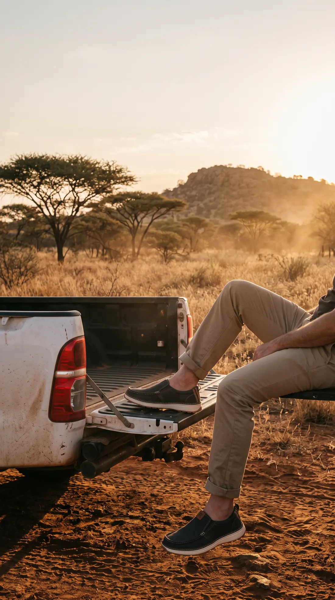 A man sits on the tailgate of a dusty bakkie in the bushveld at sunset, wearing charcoal R01 slip-ons