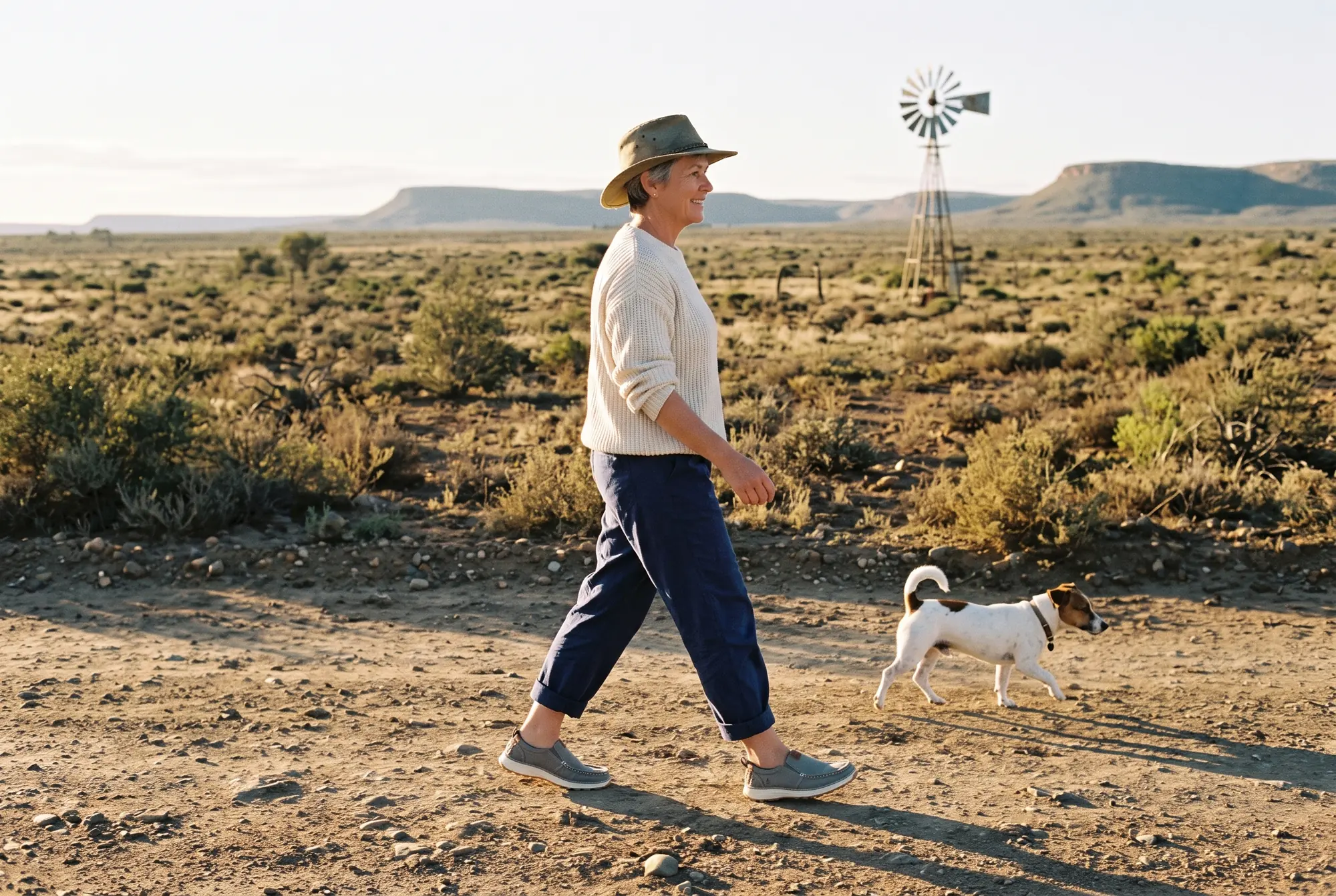 A woman in a canvas hat walks a dirt farm road in the Karoo with a Jack Russell, a wind pump behind her, wearing fog-grey R01W slip-ons