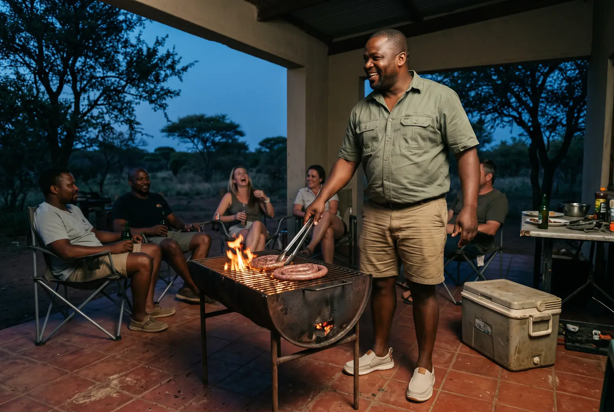 A laughing man turns boerewors on a fire on a farm stoep at dusk while friends sit behind him, wearing stone R01s