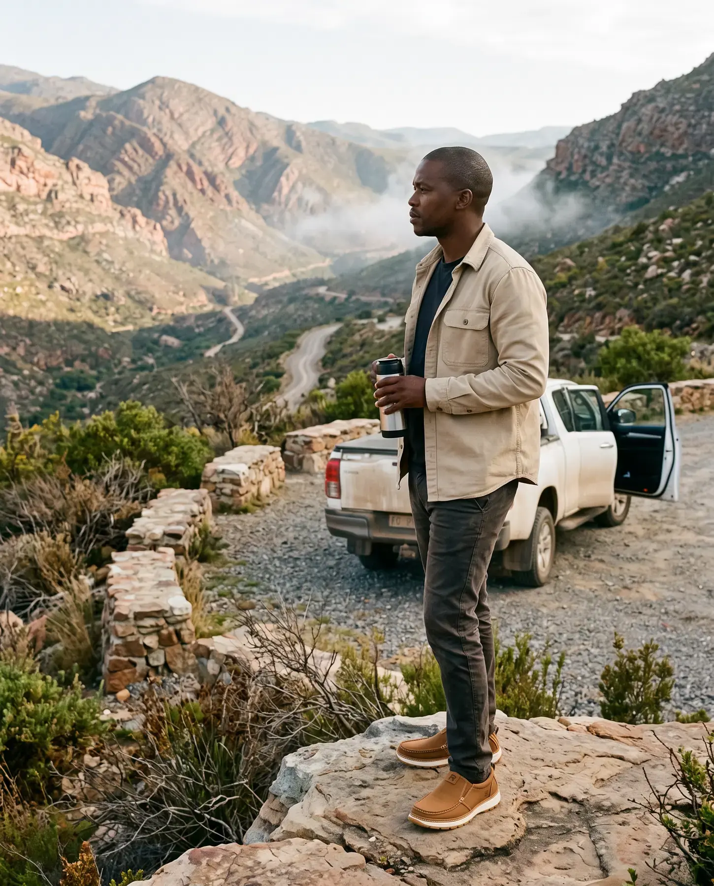 A man with a coffee flask stands on a rock at a stone lookout on the Swartberg Pass, his bakkie behind him, wearing tobacco R01s