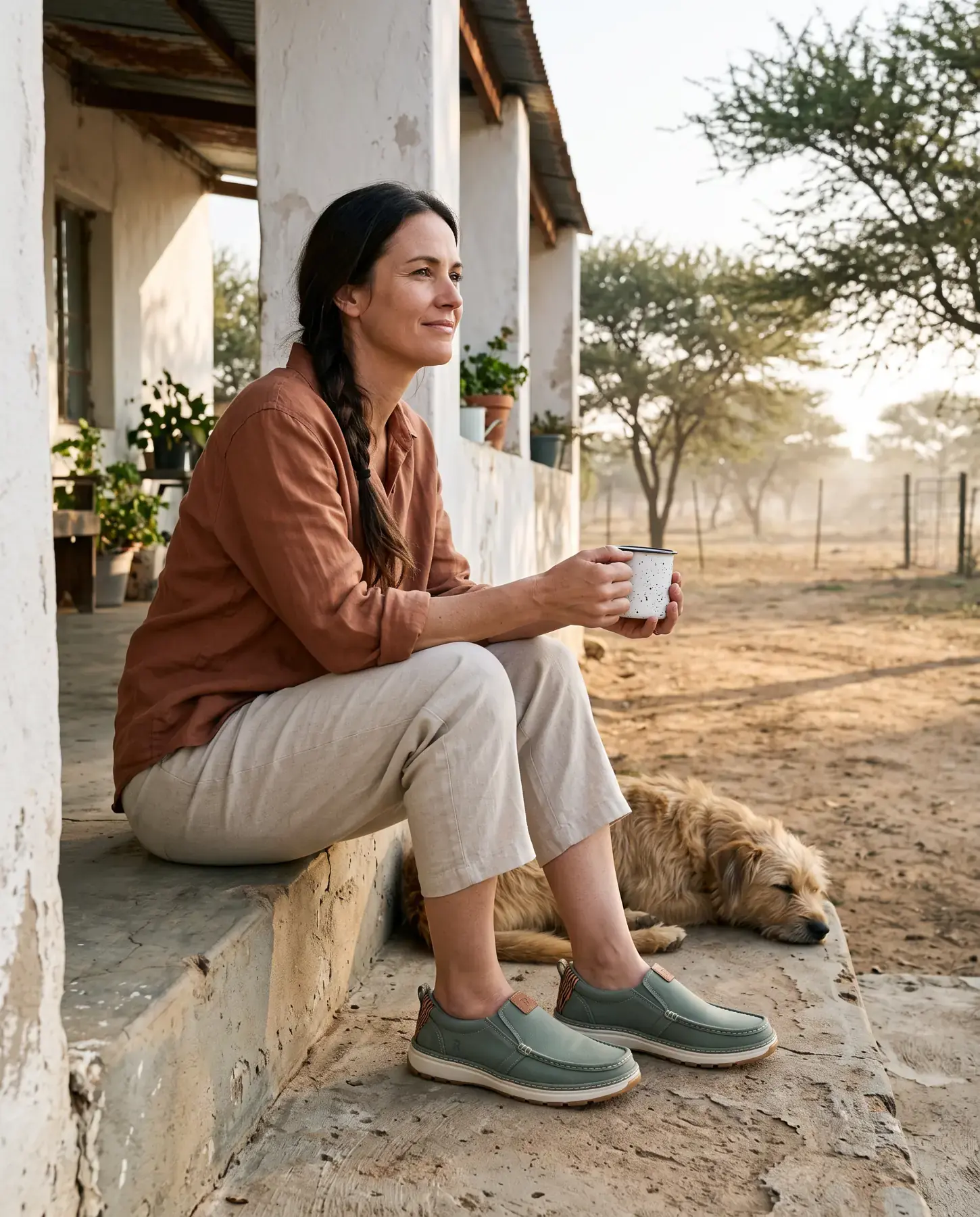 A woman with a long dark plait sits on whitewashed farmhouse steps with a coffee mug, wearing sage R01W slip-ons, a dog asleep beside her