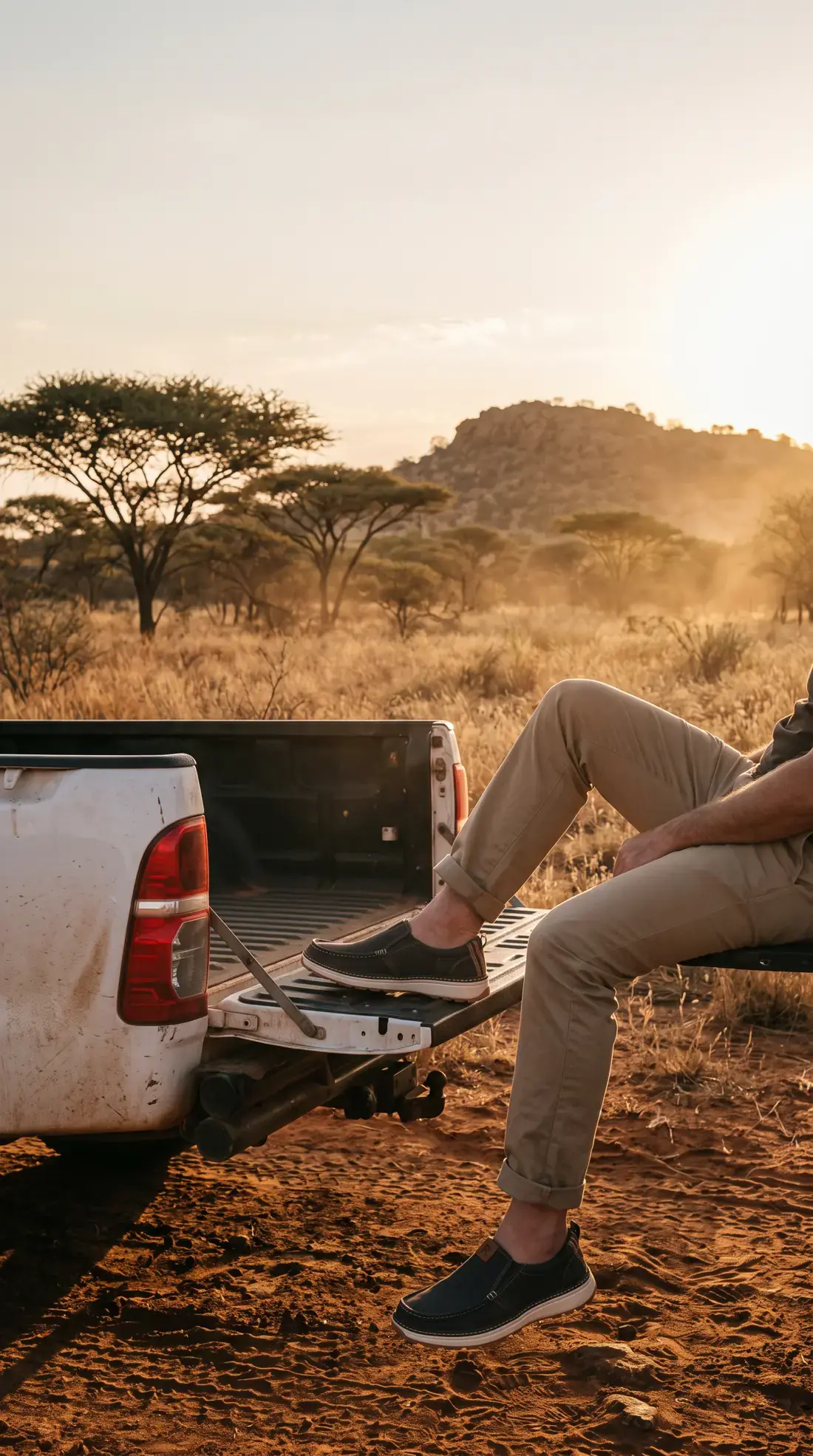 A man sits on the tailgate of a dusty bakkie in the bushveld at sunset, wearing charcoal R01 slip-ons