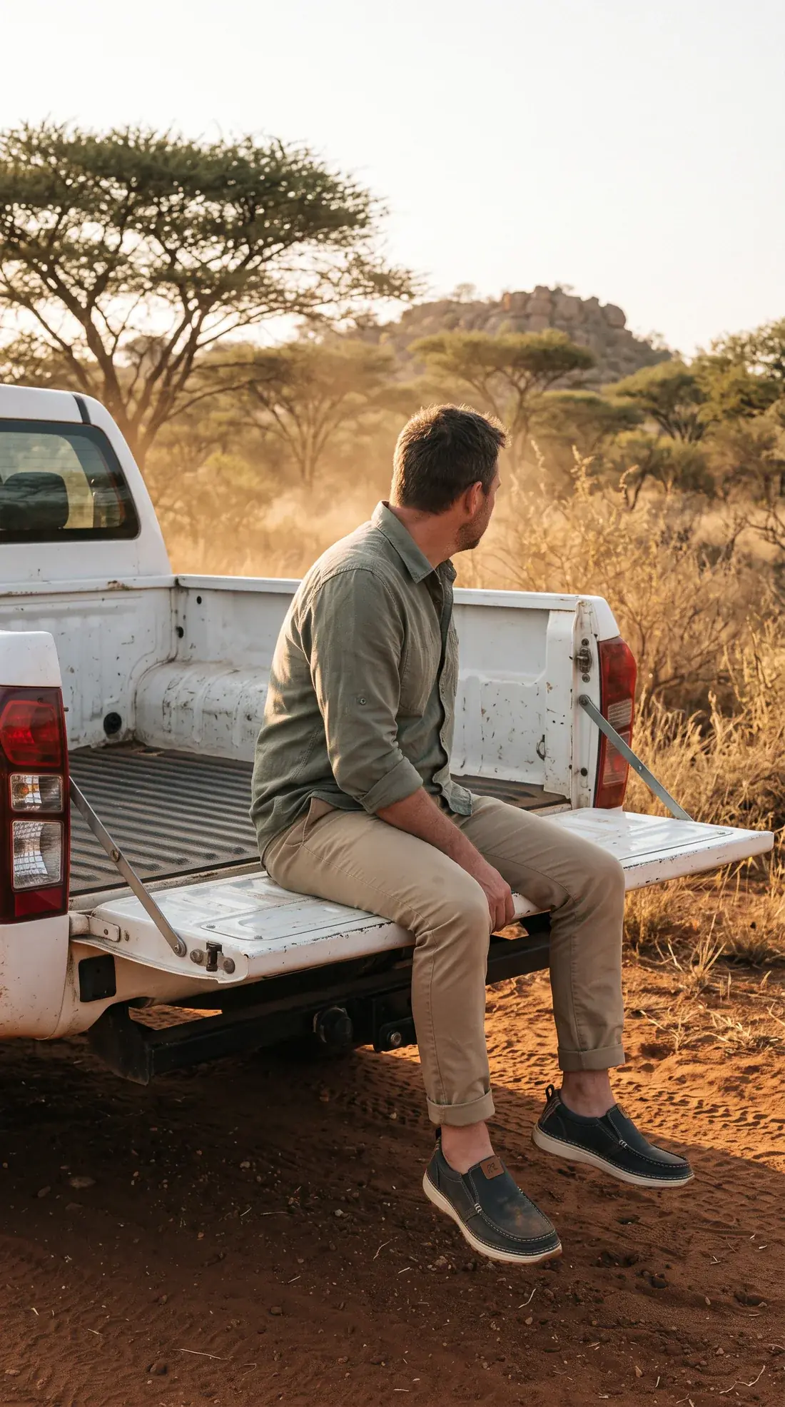 A man sits on the lowered tailgate of a dusty bakkie in the bushveld at sunset, legs hanging, wearing charcoal R01 slip-ons