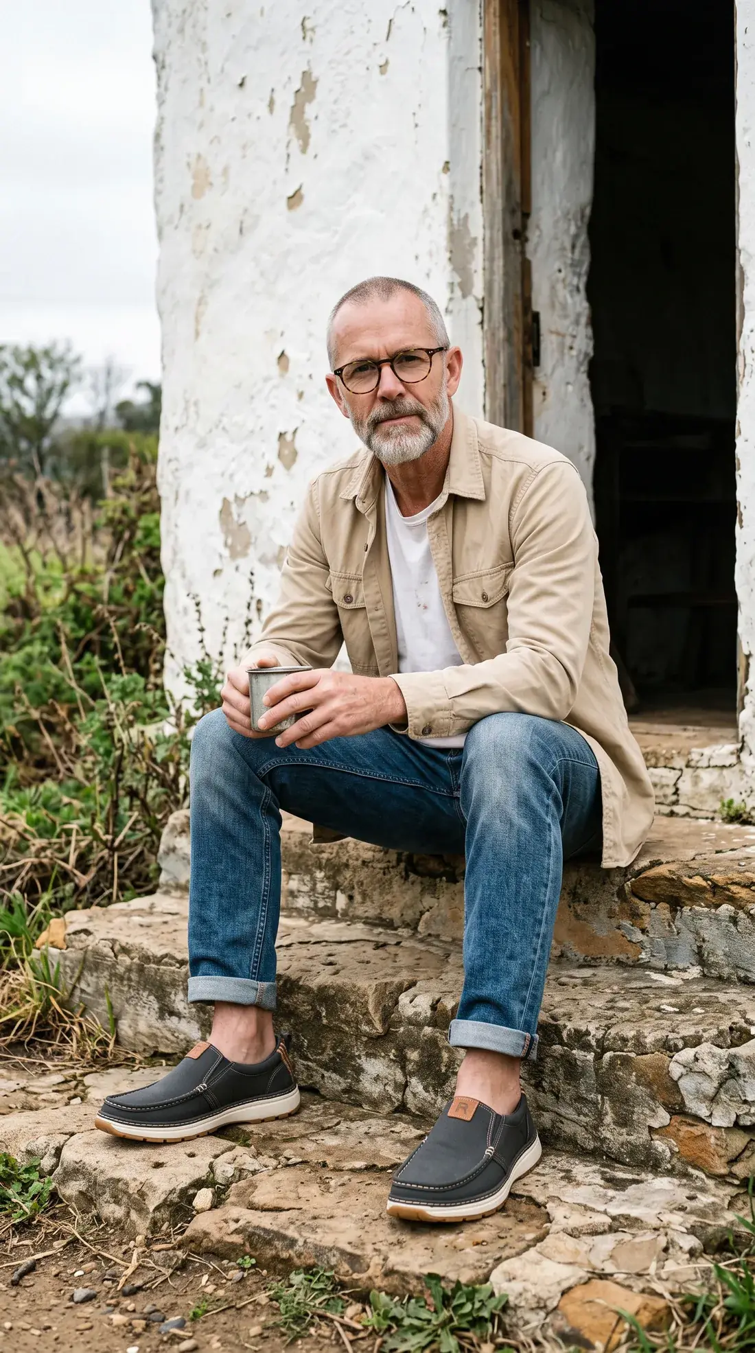 A grey-bearded man sits on the worn stone steps of an old whitewashed farm cellar with a tin mug of coffee, wearing charcoal R01 slip-ons