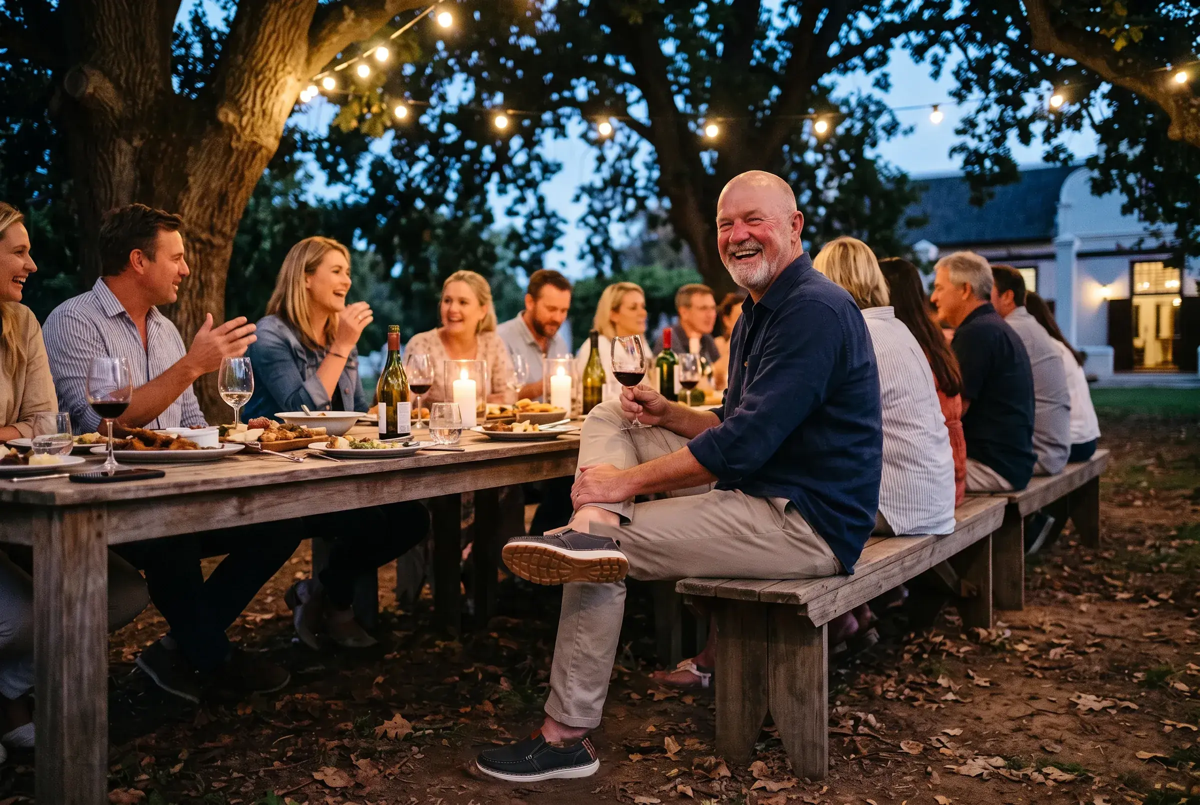 A man laughs at a long dinner table under oak trees on a Cape wine estate at dusk, glass of red in hand, wearing charcoal R01 slip-ons