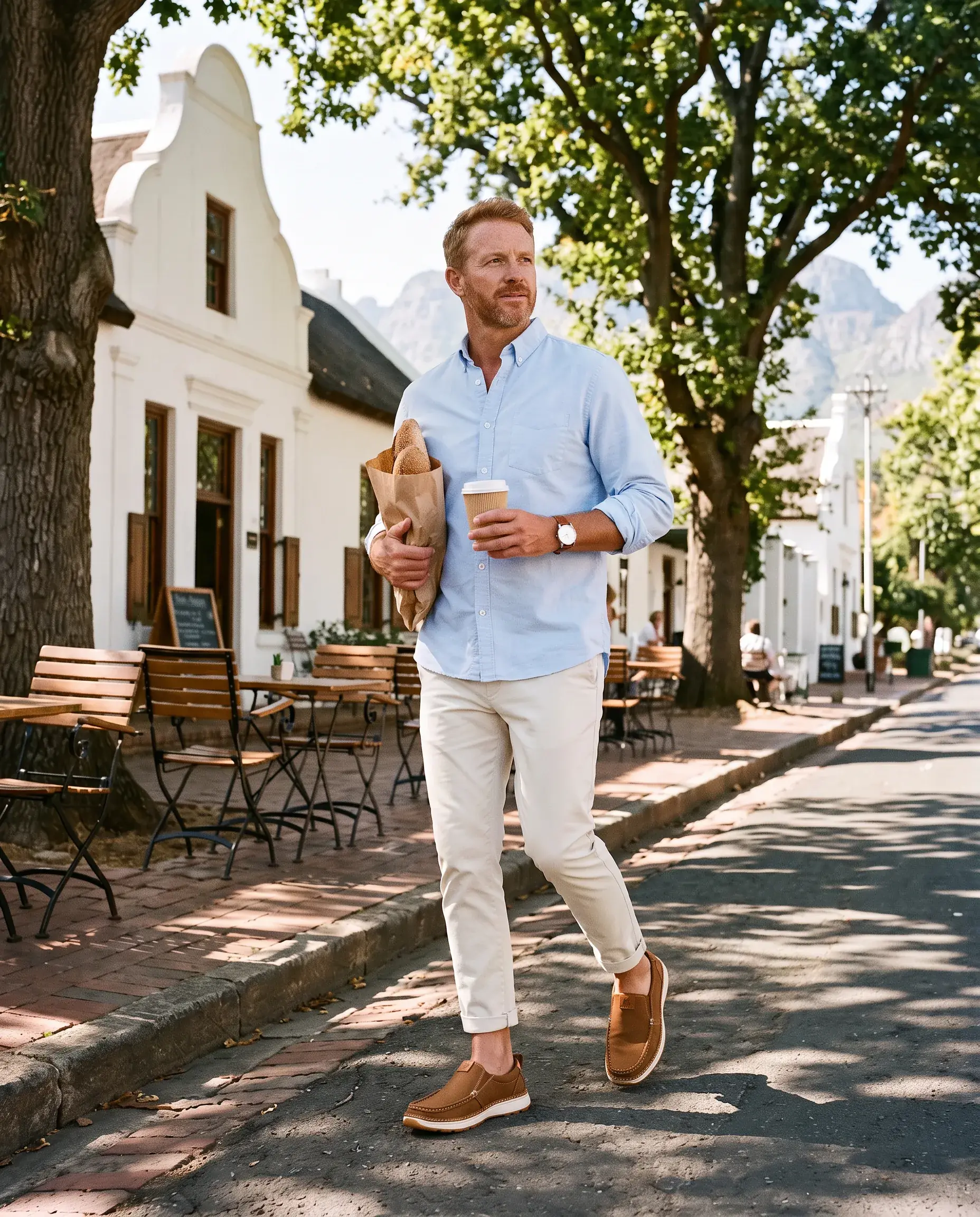 A man with a cup of coffee sits on the edge of an old Karoo hotel stoep under its cast-iron veranda, wearing tobacco R01 slip-ons
