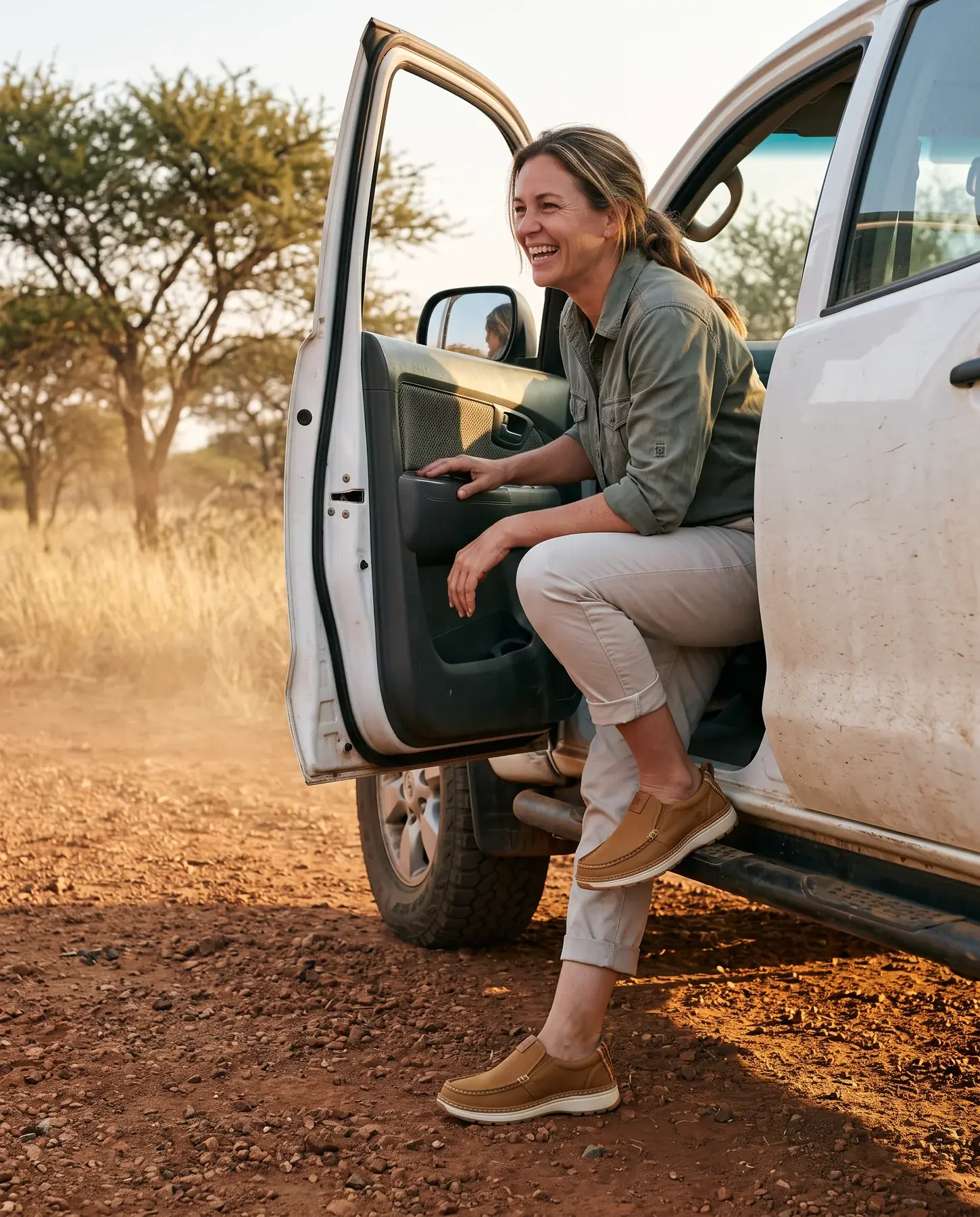 A laughing woman steps down from the door of a dusty white bakkie onto red gravel, wearing tobacco R01W slip-ons