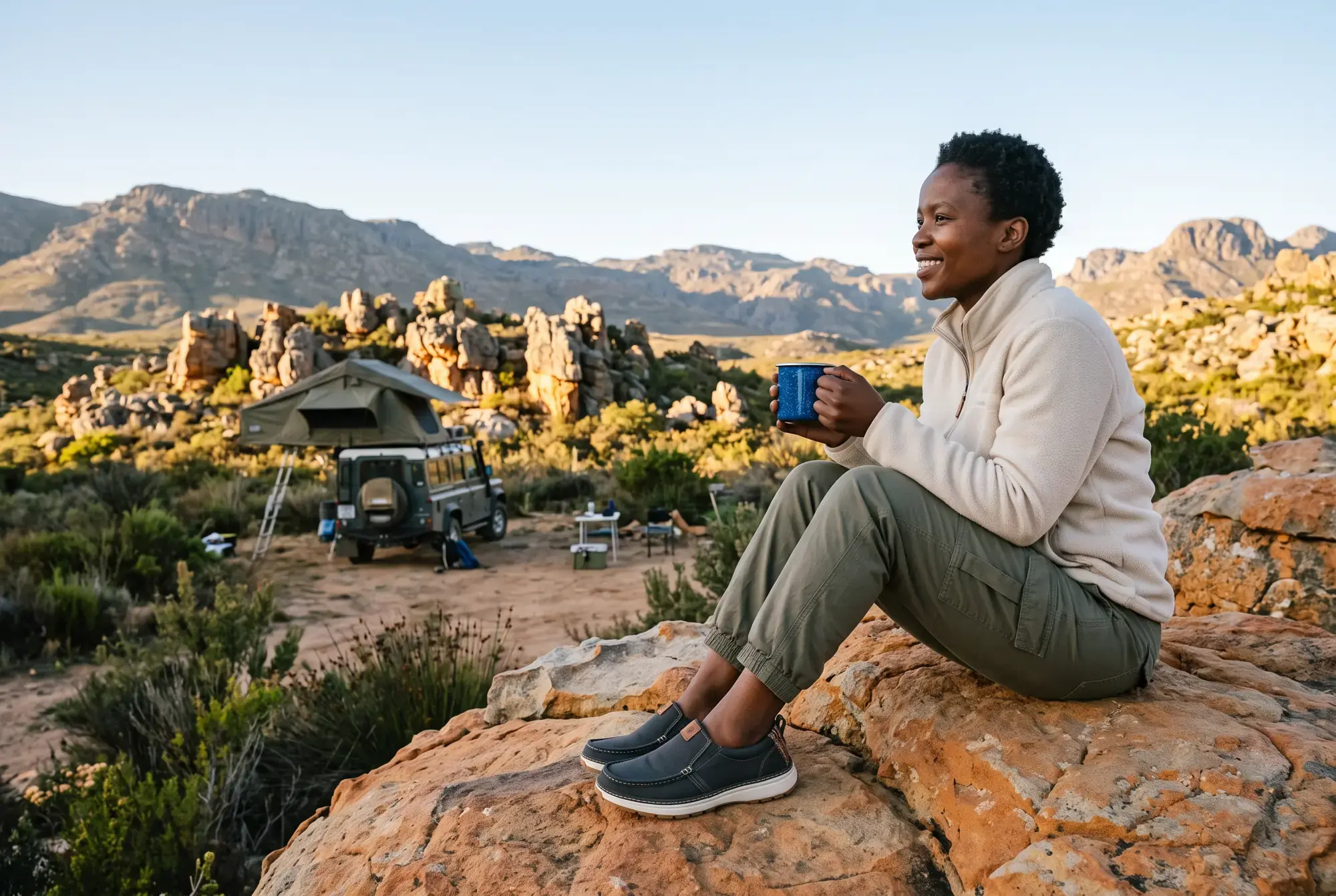 A woman sits on an orange sandstone boulder at a Cederberg campsite at dawn with a mug of coffee, a rooftop-tent 4x4 behind her, wearing charcoal R01W slip-ons