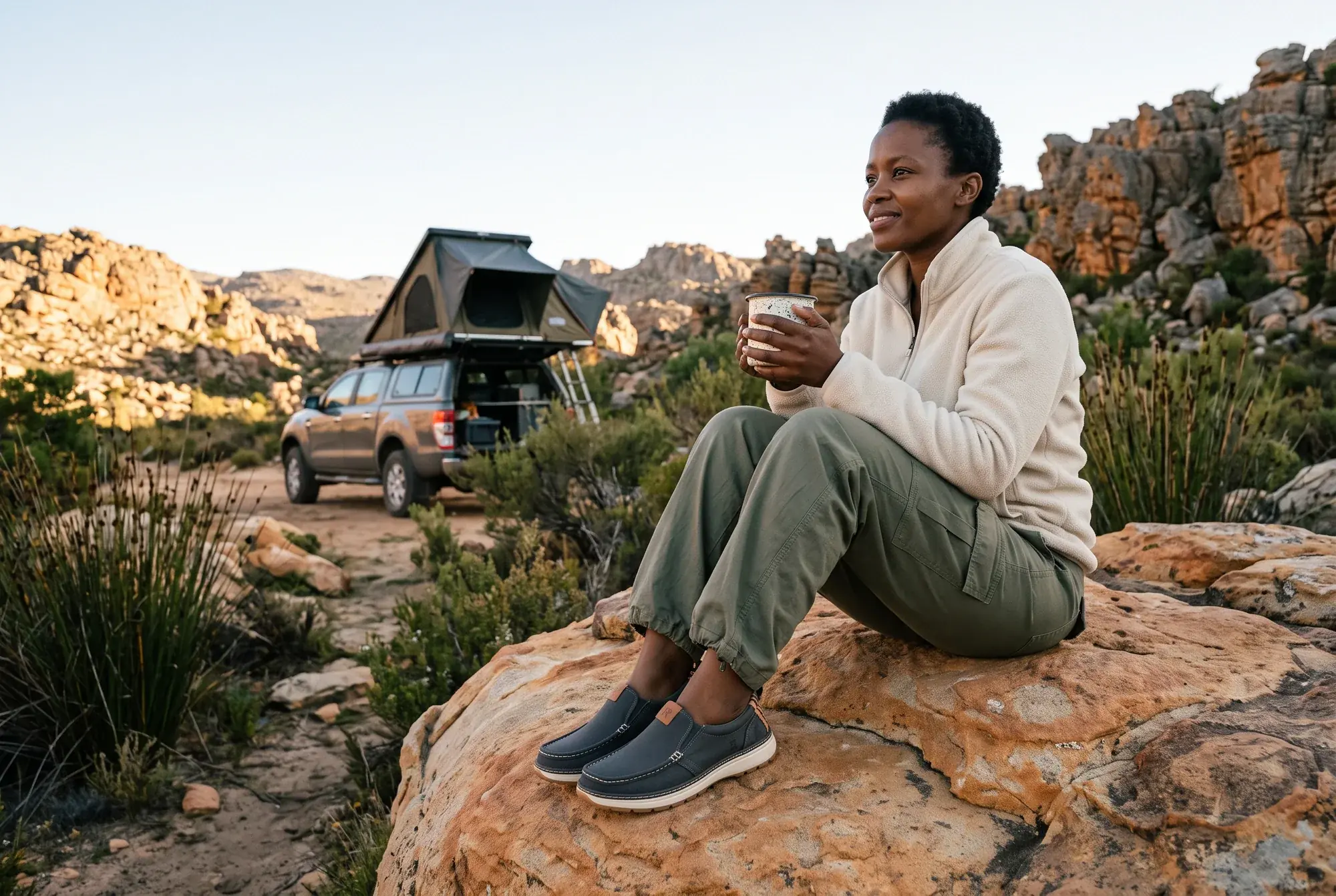 A woman sits on an orange sandstone boulder at a Cederberg campsite at dawn with a mug of coffee, a rooftop-tent 4x4 behind her, wearing charcoal R01W slip-ons