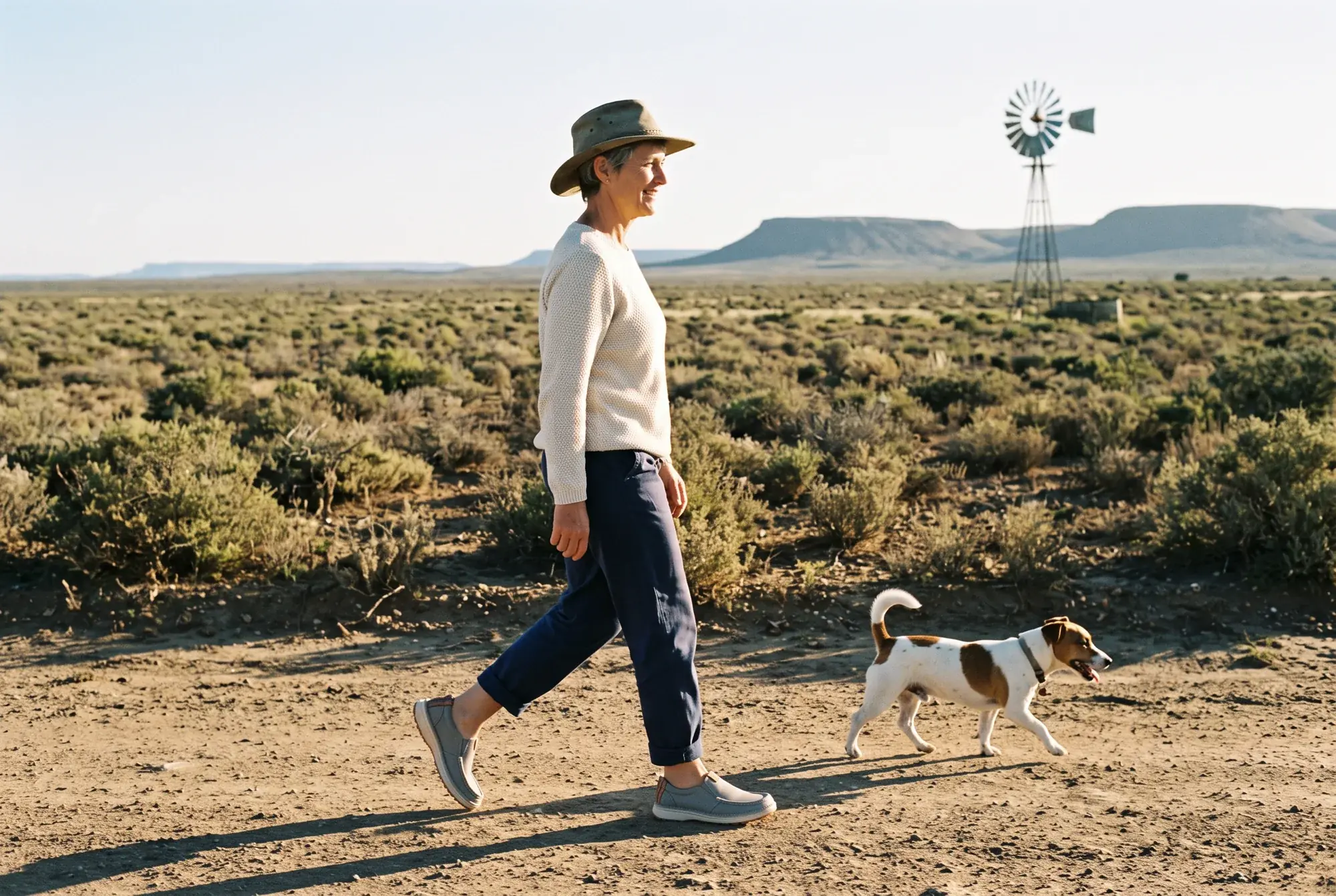 A woman in a canvas hat walks a dirt farm road in the Karoo with a Jack Russell, a wind pump behind her, wearing fog-grey R01W slip-ons