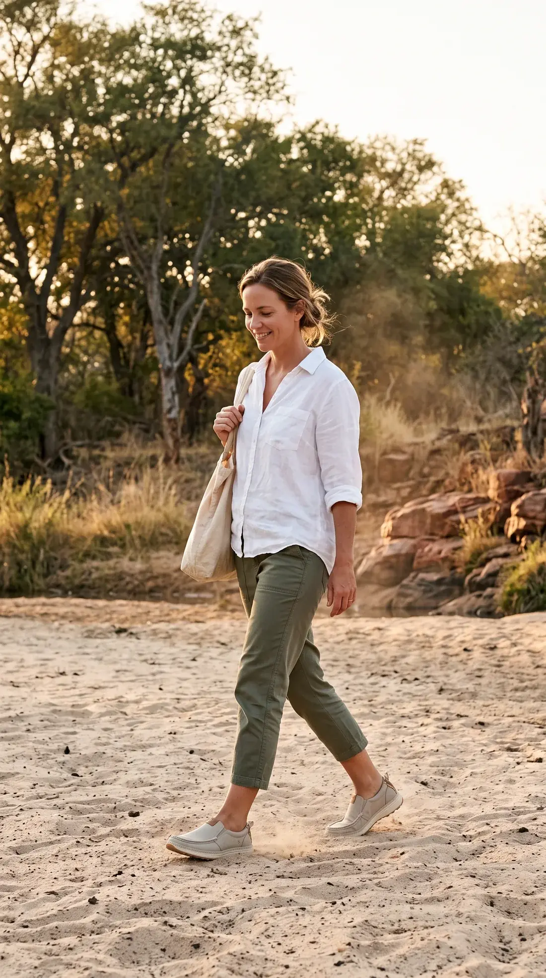 A woman walks across a dry riverbed in the bushveld at golden hour, wearing stone R01W slip-ons