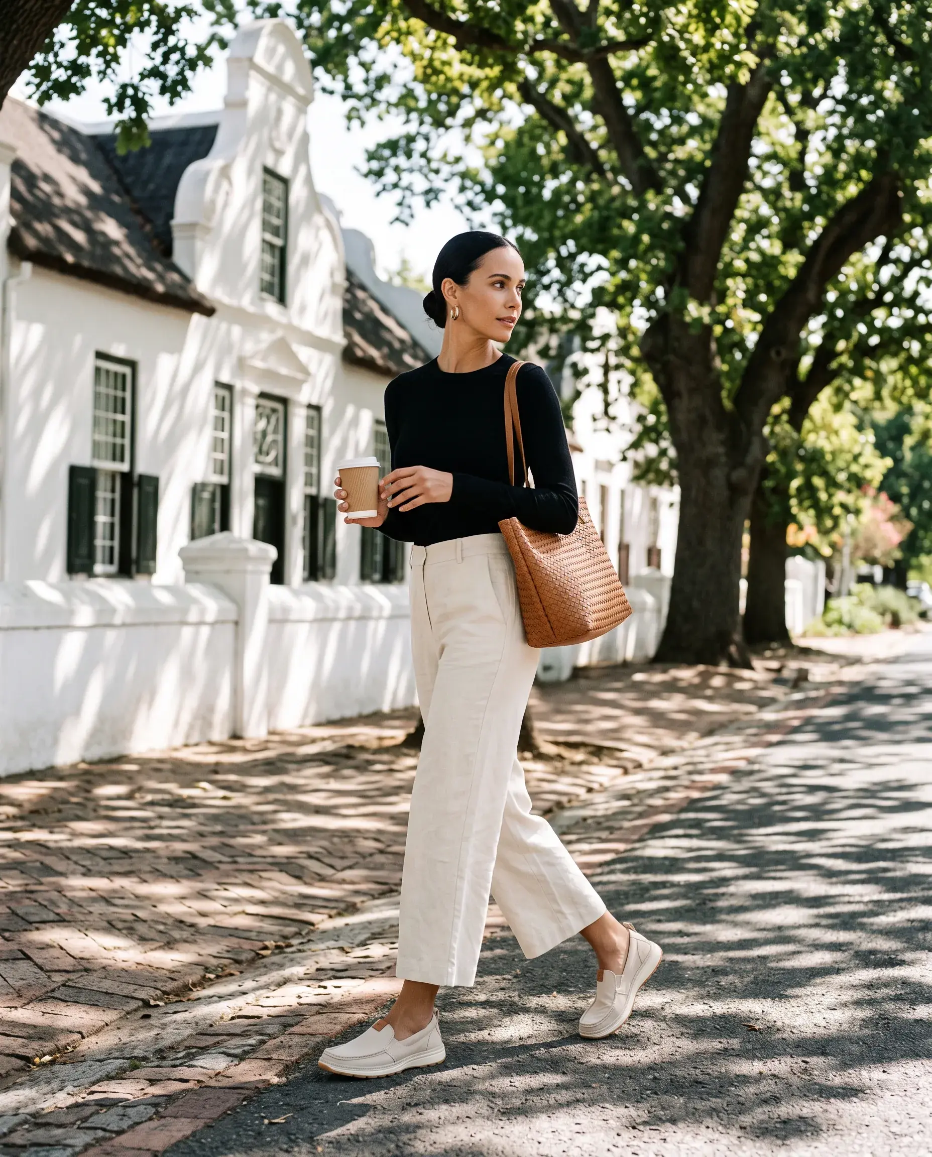 A woman walks across a dry riverbed in the bushveld at golden hour, wearing stone R01W slip-ons