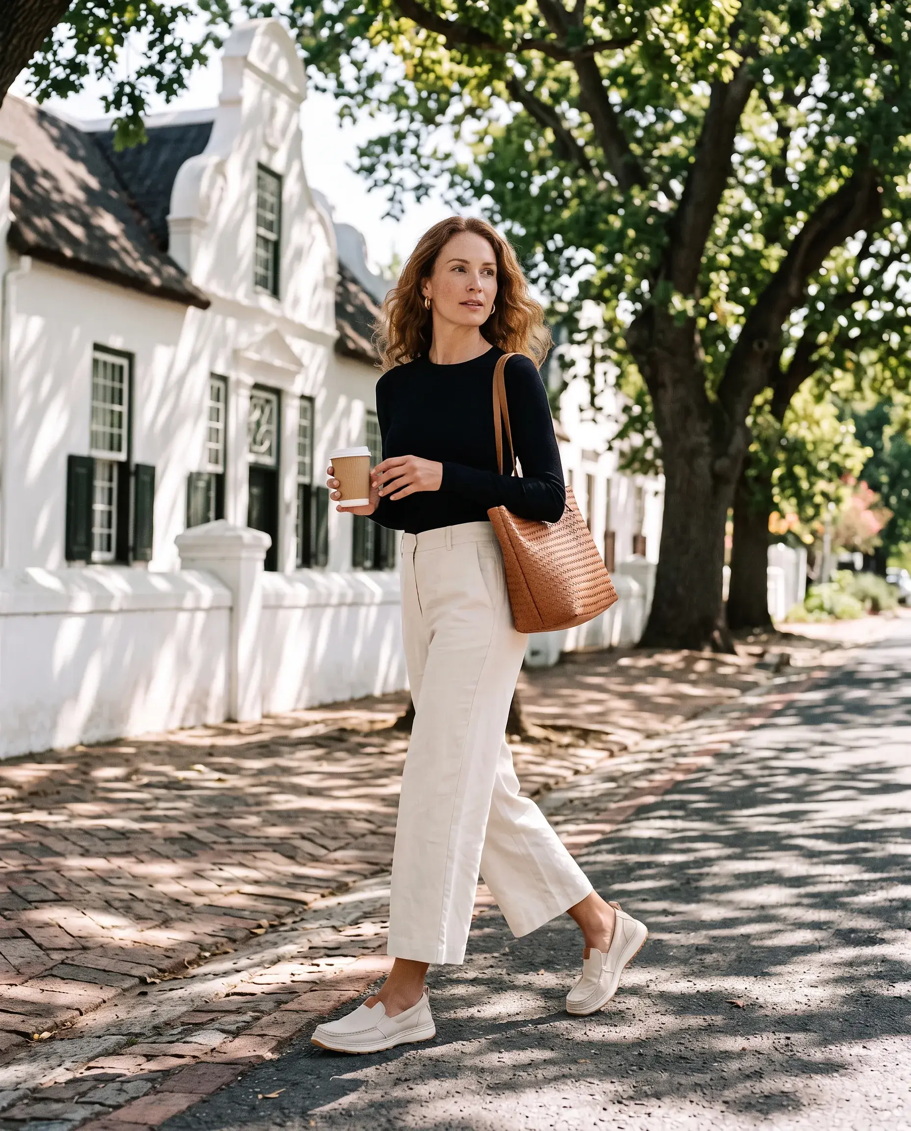A woman in ivory linen walks down an oak avenue at a Franschhoek wine estate in the late sun, wearing stone R01W slip-ons