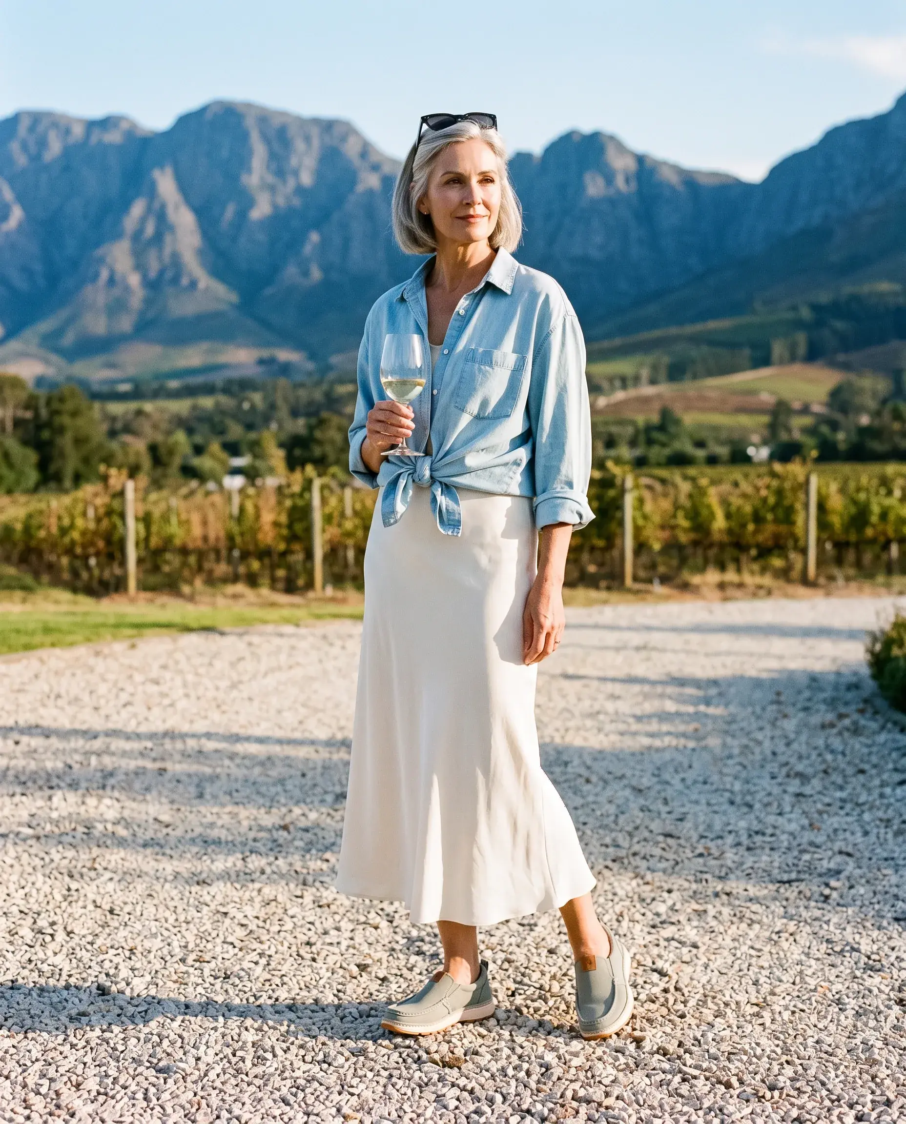 A woman with a glass of white wine stands on a gravel drive between vineyards below the mountains, wearing sage R01W slip-ons